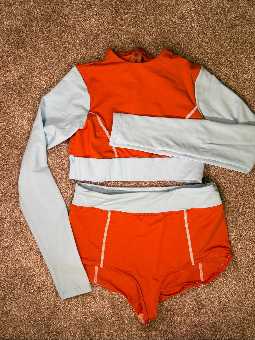 Orange and Light Blue Two-Piece Athletic Swim Set - Women Med
